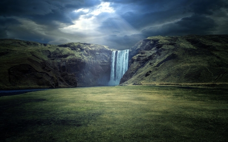 Skogafoss Waterfall, Iceland - nature, stormy, iceland, waterfall