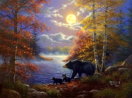 Lakeside Moonlight - attractions in dreams, paintings, lakeside, cubs, bears, family, moons, nature, lakes, love four seasons, animals