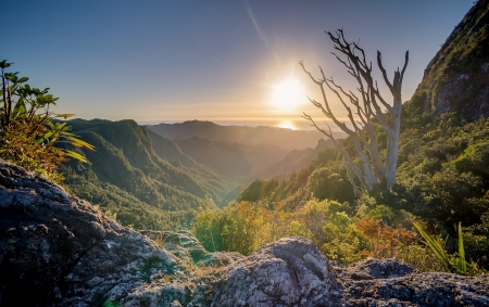 Sunset over the Mountains - stone, range, trees, landscape, sunset, mountains, rocks, nature, view, highlands