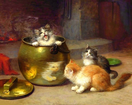 Kittens & Copper Pot - pots, animals, kittens, draw and paint, lovely, love four seasons, cats, paintings, cute