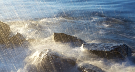 Rain - stone, shore, rain, cliffs, ocean