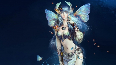 Fantasy Warrior - wings, body, blue, hair