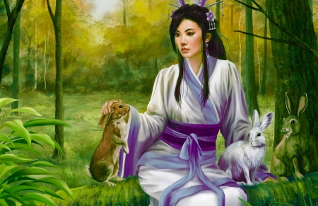 Lovely Friendship - pretty, rabbits, beautiful, girl, forest, cg, fantasy, nature, digital, woman, art, asian