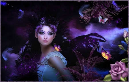 MIDNIGHT BUTTERFLY - ROSES, FEAMLE, FEATHERS, BUTTERFLIES, NIGHT, FLOWERS