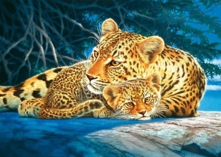 Mom's Protection - love, lepards, adorable, animals, winter, night, mother, paint, baby, snow, cats