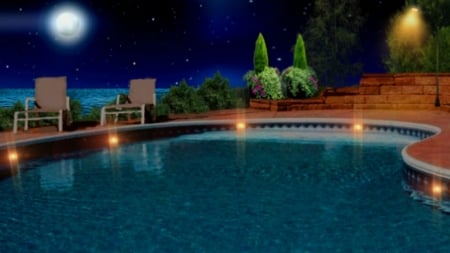 ~*~ Night At The Paradise ~*~ - swimming pool, nature, ocean, landscape, hd wallpaper, full moon, night