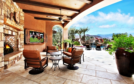 View from the terrace - trees, fireplace, interior, tv, palm