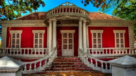 Abandoned Red House - stairs, sky, house, photography