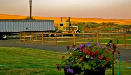 Dawn Comes Early In Farm Country - farm, semi, big rig, trailer