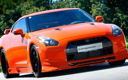 nissan gtr r35 - orange, tree, japanese, nissan