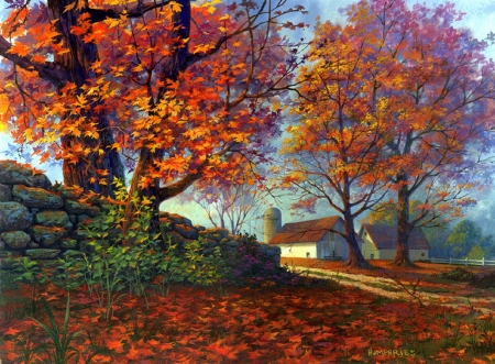 Autumn Leaves - attractions in dreams, autumn, draw and paint, love four seasons, fall, architecture, leaves, paintings, farms