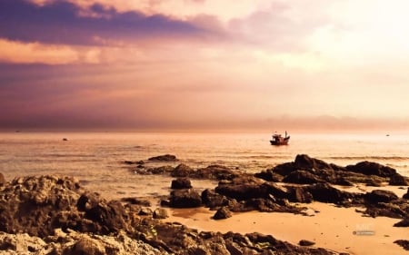 Escape II. - coast, beach, boat, landscape, scene, sunrise, dawn, shore, sky, sun, abstract, stone, water, photography, ship, sea, ocean, nature, sunset, dusk, rocks, wallpaper