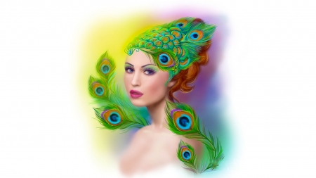 Peacock Beauty - woman, girl, feathers, female, lovely, fantasy, cg, peacock, face, art, pretty, beautiful, green, digital