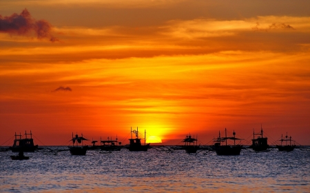 Sunset - nature, sunset, sea, boat