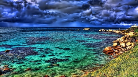 superb hdr seashore - beach, clouds, hdr, shore, sea, rocks