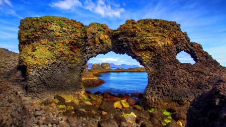 portals in rocks on seashore - sea, shore, portals, rocks