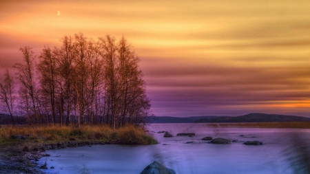 lake sunset splendor hdr - lake, trees, hdr, shore, sunset