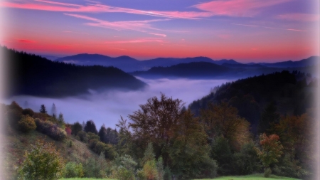 sunrise over a misty valley in autumn hdr - valley, autumn, forests, fog, hdr, sunrise