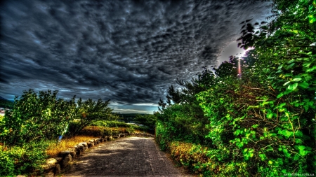 wondrous cobblestone country road hdr - clouds, sun rays, trees, hdr, road, cobblestone