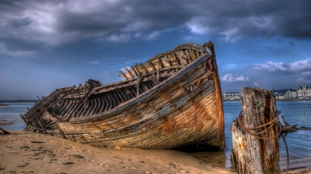 ship wreck on a sand bar hdr - clouds, wreck, beach, ship, hdr, sea, sand