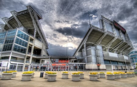 cleveland browns stadium hdr - clouds, hdr, planters, stadium, plaza