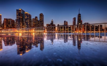 chicago lake reflections at dusk hdr - reflections, hdr, skyscrapers, lake, dusk, city, pier