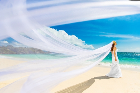 Beautiful Bride - women, clouds, gown, bride, wedding, beauty, ocean, sand, wind, waves, sky