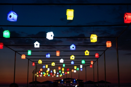 Colorful Lanterns - decoration, summer, beach, romantic, lanterns, sea, night