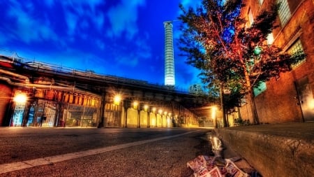 empty street in commercial district hdr - lights, evening, commercial, hdr, city, tree