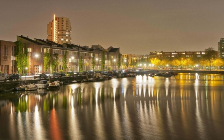 lovely harbor in amsterdam at night - lights, city, harbor, boats, night