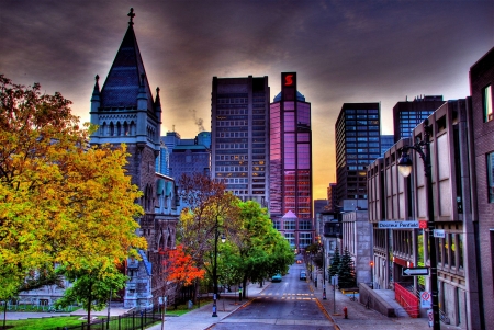 early morning on a street in montreal hdr - street, morning, skyscrapers, city, hdr