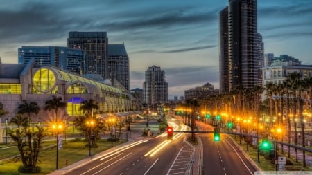 blvd at the convention center hdr - lights, hdr, blvd, skyscrapers, convention center, city