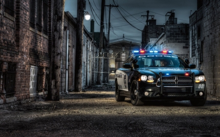 dodge charger police cruiser hdr - car, night, city, hdr, police, side street, lights