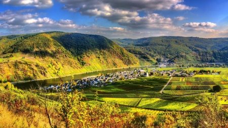 riverside town of ellenz-poltersdorf germany hdr - clouds, river, towns, hdr, mountains, valley