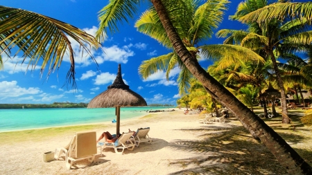 Resting on the beach - ocean, beach, sky, paradise, palms, summer, shore, exotic, vacation, shade, umbrella, beautiful, island, rest, sea, relax