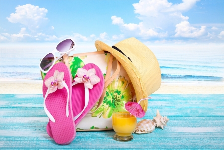 Summer Beach - nature, beach, hat, glass, shell, sunglasses, flowers