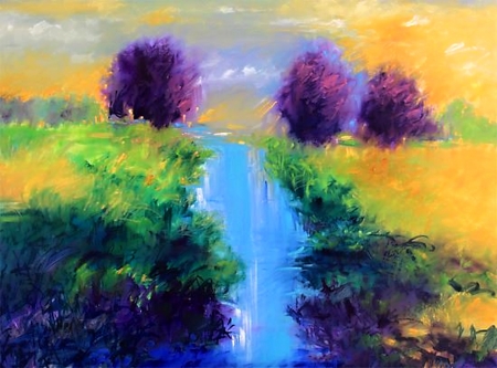 Little River - tree, painting, colors, river