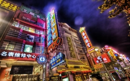 wonderful chinese neon signs hdr - oriental, lights, neon, hdr, signs, night, buildings