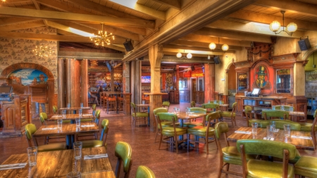 lovely family restaurant hdr - restaurant, lights, signs, tables, wood, hdr