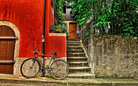 bicycle leaning on a red house hdr - red, steps, bicycle, hdr, house