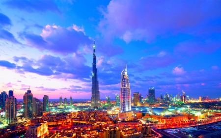 colorful dubai at sunset hdr - clouds, sunset, hdr, skyscrapers, colors, city