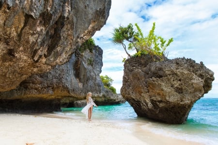 Tropical Paradise - beauty, women, sky, ocean, beach, clouds, sand, rocks