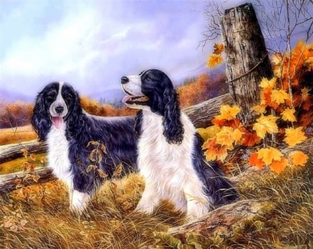 Autumn Couple - fall, dogs, paintings, autumn, love four seasons, draw and paint, animals, leaves