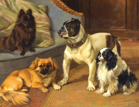 Cute Meeting - dogs, paintings, puppies, love four seasons, draw and paint, animals