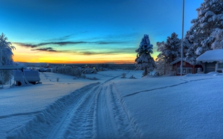 Sunset at winter - winter, tree, snoe, clouds