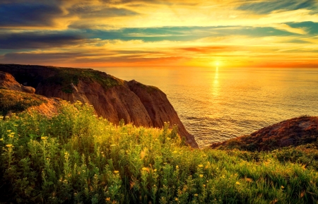 Beautiful sunset - rocks, glow, rays, beautiful, grass, lake, sky, reflection, coast, view, golden, orange, sunset, sea