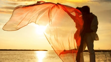 A Romantic Couple at Sunset - lake, love, couple, wind