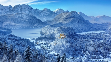 Snowy Mountain - forest, mountain, castle, snow