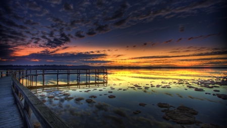 pier at sunset hdr - pier, shore, hdr, sunset, sea, rocks