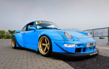 Porsche 993 - gold rims, porsche, blue, sports car